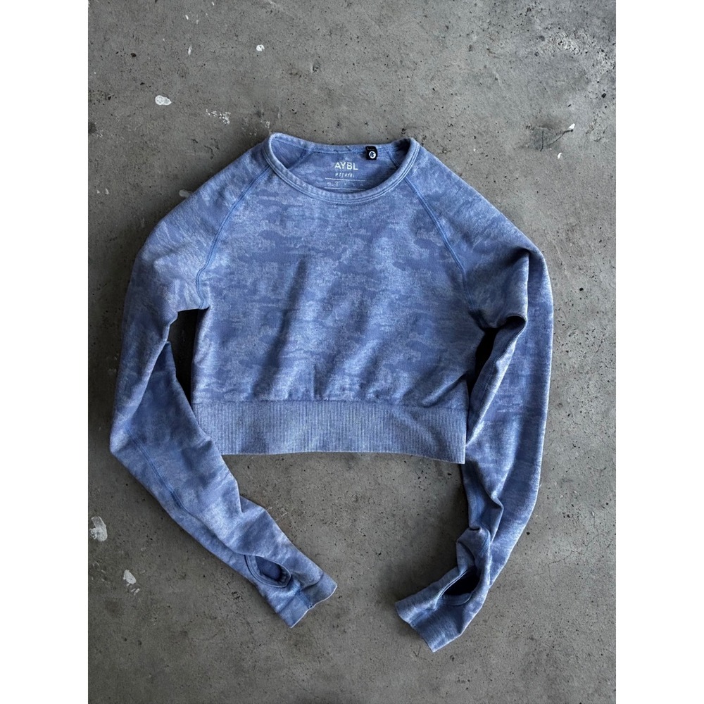 AYBL Women's‎ Cropped Long Sleeve Top Blue Camo Athletic Gym Workout Thumb Hole